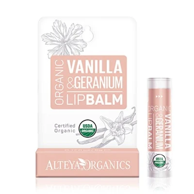Abbildung von Alteya Bio Lippenbalsam Vanille und Geranie 4.5g USDA Organic zertifiziert Rein Natürlich Lippenpflege auf der Basis sorgfältig selektierter Auswahl an Pflanzenölen buttern