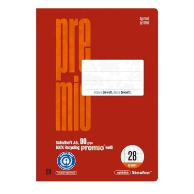 Abbildung von Staufen premio Schulheft 10 Hefte je 16 Blatt, DIN A5, Lineatur 28 (5mm kariert m. Randlinie), 90 g/m² Recyclingpapier, runde Ecken verhindern „Eselsohren“