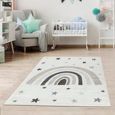 Abbildung von Jimri Kinderteppich DOTS l Pünktchen Gepunktet Öko Tex Siegel Farbe: Beige Blau Rosa Kinderzimmer/Jugendzimmer (Creme, 160 x 230 cm)