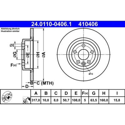 Abbildung von ATE 24.0110 0406.1 Bremsscheibe 317,0 10,0 5 108,0 voll beschichtet legiert/hochgekohlt LAND ROVER: Range Rover Evoque, Evoque Convertible