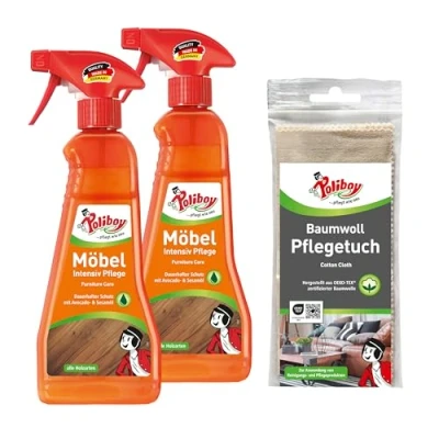 Abbildung von POLIBOY Möbel Intensiv Pflege Pflegemittel für lackiertes Holz schützende und auffrischende Holzpflege farbneutral 2x 375ml Sprühmatic mit Baumwolltuch Made in Germany