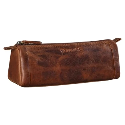 Abbildung von STILORD &#039;Freddie&#039; Federtasche Leder Schreibetui 2 Fach Vintage Federmäppchen Groß Stiftemappe Faulenzer Schlamperetui für Lineal Stifte Pinsel aus Echtleder