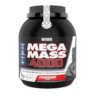 Abbildung von WEIDER Mega Mass 4000 Weight Gainer Shake zum Zunehmen, Erdbeere, mit Protein, Creapure Kreatin Monohydrat, komplexen Kohlenhydraten, Vitaminen und Mineralstoffen Muskelaufbau 3kg