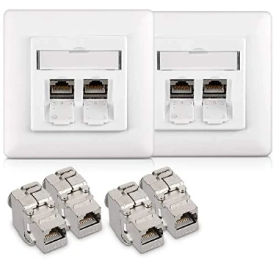 Abbildung von kwmobile Keystone Dose Modul Set 4X 2X Netzwerkdose CAT 6A Kabel 10Gibt/s geschirmt Metall Gehäuse RJ45 Schnappverschluss