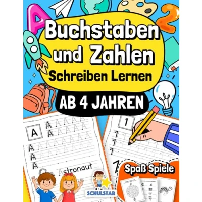 Abbildung von Buchstaben und Zahlen Schreiben Lernen ab 4 Jahren: Großes Übungsheft A4 Vorschulblock für Kinder. Das umfangreiche Lernbuch Kindergarten, Vorschule 1. Klasse zur Förderung der Feinmotorik.
