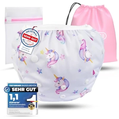 Abbildung von KIDVERSE Schwimmwindel Baby Badehose 0 3 Jahre Hautfreundliche Schwimmwindeln wiederverwendbar &amp; saugstark Größenverstellbare Badewindel Schwimmhose Tragetasche Wäschenetz (Weiß Unicorns)