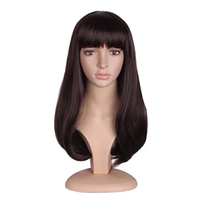 Abbildung von MapofBeauty Mode flach Pony locken lange Haare täglich Perücke (Dunkel Braun)