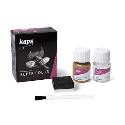 Abbildung von Kaps Professional Lederfarbe Super Color + Preparer für Naturleder, Synthetik und Textil (je 25 ml) zur Pflege Reparatur von Lederschuhen in Verschiedenen Farben (120 Braunzucker)