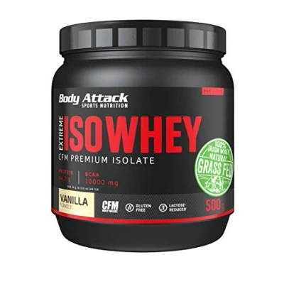 Abbildung von Body Attack Extreme Iso Whey, Vanille, 500g CFM Whey Protein Isolat aus 100% irischer Weidemilch, glutenfrei, reich an EAAs, perfekt löslich, fettarm, ohne Aspartam, 90,6% Anteil