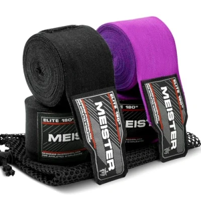 Abbildung von Meister Elite Premium Handbandagen für MMA und Boxen, 457,2 cm, mit Netztasche, Schwarz/Königsviolett