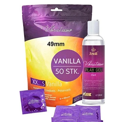 Abbildung von VIBRATISSIMO Kondome XXS Vanilla 50er Pack &amp; Gleitgel Set I mit Aroma Condoms for Men dünner Wandstärke aromatisiert enge Größe hauchzart b=49mm