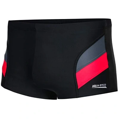 Abbildung von Aqua Speed Moderne Badehosen für Männer eng + gratis eBook Kurze Schwimmhosen Herren Training UV Badebekleidung Aron, Gr. XL,Schwarz Grau Rot