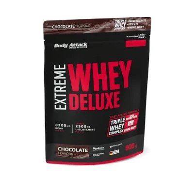 Abbildung von Body Attack Extreme Whey Deluxe Chocolate, 900g Made in Germany Eiweißpulver mit Aminosäuren, Triple Complex, CFM Isolate, perfekt lösliches Protein Pulver, fettarm, zuckerarm