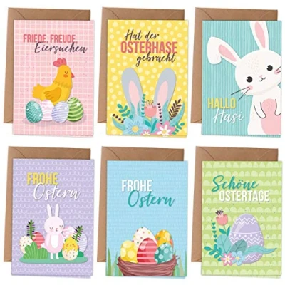 Abbildung von Papierdrachen Osterkarten 6 frühlingshafte Grußkarten als Klappkarte inklusive Umschlag zur Osterzeit Grüße an die Familie Stilvolles Design zu Ostern Motiv Bunt Set 1