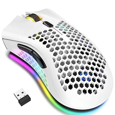 Abbildung von Kabellose Gaming Maus, Computermaus mit Wabenschale, 7 programmierte Tasten, 3 einstellbare DPI, USB Empfänger, tragbare, ergonomische optische RGB für Laptop PC/Mac, schwarz (White)