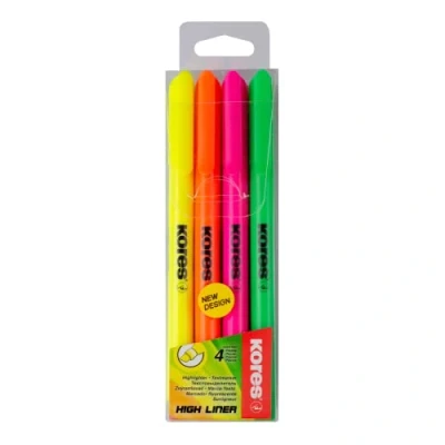 Abbildung von Kores High Liner: Feine neonfarbene Textmarker, Keilspitze und Tinte auf Wasserbasis, Schul Bürobedarf, 4er Pack sortierte Farben