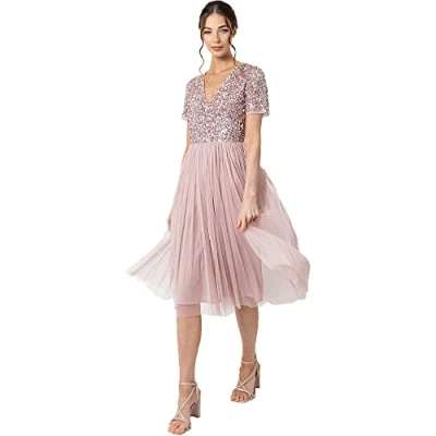 Abbildung von Maya Deluxe Damen Midi Kleid mit V Ausschnitt, Verziert Brautjungfernkleid, Frosted Pink, 34