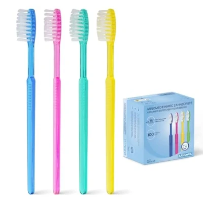 Abbildung von 100x Einmalzahnbürsten mit Zahnpasta, ARNOMED Zahnbürsten einzeln verpackt, Zahnbürste Rot, Blau, Grün &amp; Gelb, Reisezahnbürste Set, Einweg inkl Zahnpasta Minz Geschmack