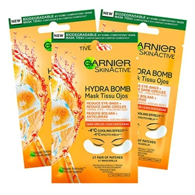 Abbildung von Garnier SkinActive Anti Müdigkeit Augenkontur Maske mit Orangensaft und Hyaluronsäure für matte müde Augen 3 Packungen à 1 Anwendung