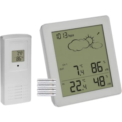 Abbildung von TFA Dostmann Wetterstation Funk Clear, 35.1168.02, mit Außensensor, Temperatur und Luftfeuchtigkeit innen außen, Wettervorhersage Luftdruck Symbolen, digital, kompakt (weiß Batterien)