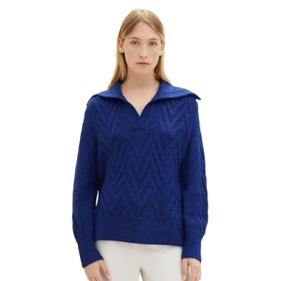 Abbildung von TOM Tailor MIT Troyer Kragen Strickpullover, Damen, Größe: Medium, Crest blue melange