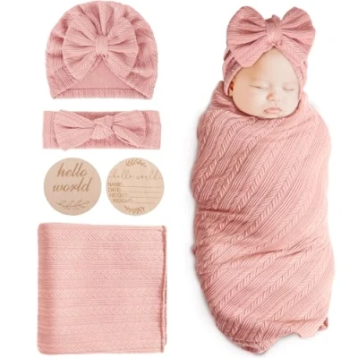 Abbildung von DRESHOW Baby Pucktuch Decke Neugeborenen Swaddle Pucksack mit Bogen Mütze Stirnband