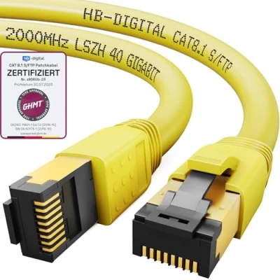 Abbildung von HB DIGITAL 2m CAT 8.1 Netzwerkkabel S/FTP LSZH, 40 Gbit/s LAN Patchkabel mit RJ45 Stecker Ethernet Data Cable 40.000 Mbit/s+GHMT Zertifikat Gelb