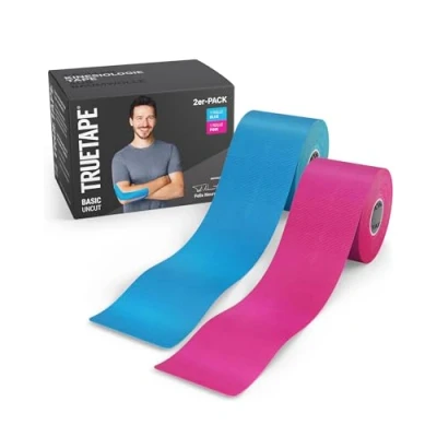 Abbildung von TRUETAPE® Kinesiotape BASIC Uncut Duo 2x Rollen (5 m x 5 cm) ungeschnitten Wasserfestes &amp; Elastisches Kinesiologie Tape Physiotape mit starker Klebekraft für Alltag Sport Blau Pink