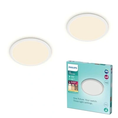 Abbildung von Philips LED Badezimmer Deckenleuchte Superslim, weiß, 15W, warmweißes Licht 2.700K, 3 Lichteinstellungen dimmen ohne Dimmer, IP44 Schutz, Doppelpack