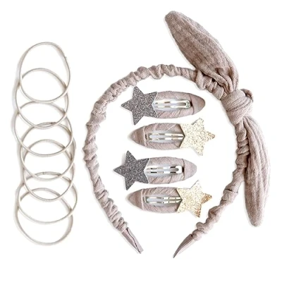 Abbildung von Papierdrachen Besonderes Haar Accessoires Set mit Haarreif, Glitzer Haarspangen, Haargummis kombiniert hochwertigem Musselin Stoff Taupe für Mädchen und Damen