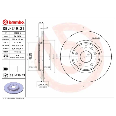 Abbildung von BREMBO 08.N249.21 Bremsscheibe 328 12 6 voll beschichtet hochgekohlt DODGE: Journey MPV, FIAT: Freemont, LANCIA: Voyager