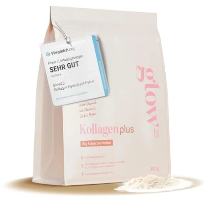 Abbildung von Glow25® Collagen Plus [450g] mit Vitamin C, Zink und Biotin Premium Kollagen Hydrolysat Peptide Typ 1 3 Perfekte Löslichkeit