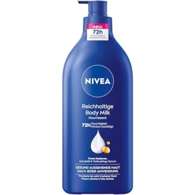 Abbildung von NIVEA Reichhaltige Body Milk, intensiv pflegende Körpercreme mit purem Hyaluron, Mandelöl und Tiefenpflege Serum, Lotion für trockene Haut (625 ml)