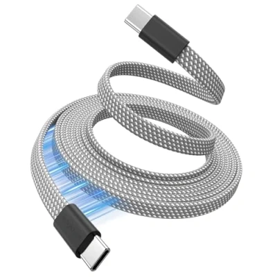 Abbildung von Magtame Magnetic USB C Kabel 1.5M Flachgewickeltes auf 60W(3A), einziehbares Typ Schnellladekabel, flexibles kompatibel für Phone 15 Pro Max, Samsung, Pad, Silber