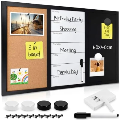 Abbildung von Navaris 3in1 Kombitafel 60x40cm Kreidetafel Whiteboard Kork Pinnwand Memoboard magnetische Seiten Weekly Plan inkl. Kreide Pins Magnete