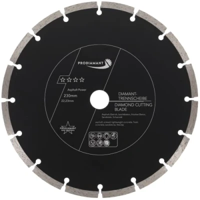 Abbildung von PRODIAMANT Diamantscheibe 230 mm x 22,2 Abrasiv für Straßenbelag, Asphalt, Estrich, Leichtbeton, frischer Beton, Beton mit Restfeuchte, Sandstein und Schamott M14 Bohrung Winkelschleifer