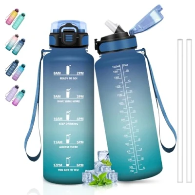 Abbildung von Trinkflasche 1 5 liter, Sport mit Zeitmarkierung, Strohhalm, Auslaufsicher, Leicht zu Reinigen, Wasserflasche für Wandern, Fitness, Camping, Yoga, Blau Grün