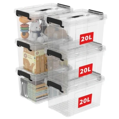 Abbildung von Cetomo,20L,6er Pack, Aufbewahrungsbox mit deckel,Aufbewahrungsboxen, Clips, stapelbar, Wohnzimmer, Schlafzimmer.lebensmittelecht,Verschlussclips,Neumaterial Plastik Box transparent schwarz