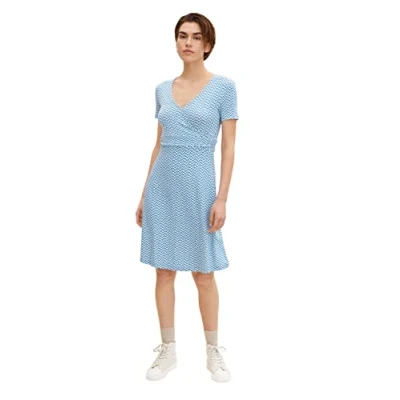 Abbildung von TOM TAILOR Damen Kleid in Wickeloptik 1032059, 29526 Blue Minimal Design, 40