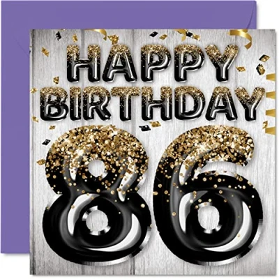 Abbildung von Geburtstagskarte zum 86. Geburtstag für Männer schwarze und goldene Glitzerballons Happy Karten 86 Jahre alten Mann Papa Great Grandad Grandpa Gran 145 mm 80 Sechs Geburtstagskarten Geschenk