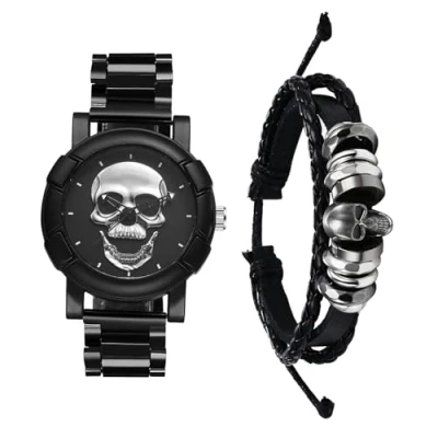 Abbildung von JewelryWe Herrenuhr Lederarmband Halloween 2er Set: Steampunk Silber Totenkopf Schädel Analog Quarz Edelstahl Armbanduhr mit Verstellbar Geflochten Leder Armband Schmuckset Uhr Armreif Set für Herren
