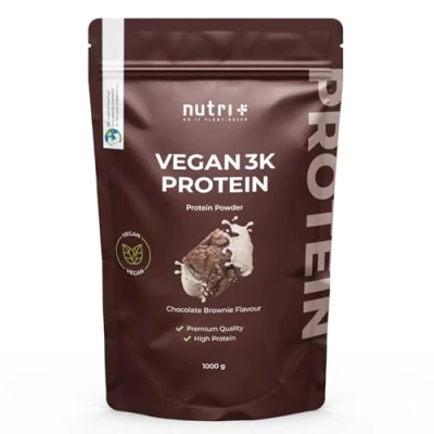 Abbildung von Nutri + Vegan Protein Pulver Chocolate Brownie 1000 g Pflanzliches Proteinpulver Schokolade 1 kg für unverschämt leckere Schoko Eiweiß Shakes