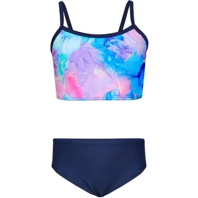 Abbildung von Aquarti Mädchen Bikini Set Bustier Bikinislip Zweiteiliger Badeanzug, Farbe: 038B Tie Dye Dunkelblau/Lila/Rosa, Größe: 152