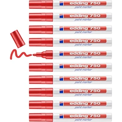 Abbildung von edding 750 Lackmarker rot 10 Stifte Rundspitze 2 4 mm Lackstift zur Markierung und Beschriftung von Metall, Glas, Stein oder Kunststoff hitzebeständig, permanent, wisch wasserfest