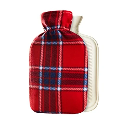 Abbildung von Wärmflasche mit schönen Fleece Druck Soft Cover Premium Naturkautschuk 2 Liter Heißwasser Tasche hilft Wärme und Komfort (Rot Kariert)