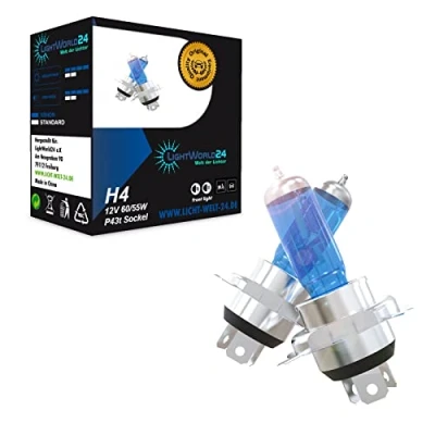 Abbildung von LIGHTWORLD24 Halogen H4 Scheinwerferlampe Birne 60/55W 12V Auto Lampe Abblendlicht Fernlicht Glühlampen Xenon Look Optik P43t Sockel