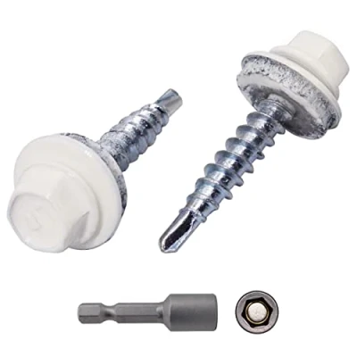 Abbildung von (50 Stück) Metall Dachschrauben 4,8 x 35 mm lackierte selbstbohrende Schrauben mit EPDM Unterlegscheiben Blech Sechskantschraube (50, Reinweiß RAL 9010)