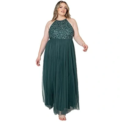Abbildung von Maya Deluxe Damen Abendkleid Pailletten Cocktailkleid Tüllkleid Kleid Nackenband Elegant für Hochzeit Bridesmaid Dress, Emerald Green, 38 EU