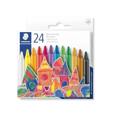 Abbildung von STAEDTLER Wachsmalkreide, leuchtende Farben, 8 mm Durchmesser, mit Papiermanschette, 24 Wachsmalkreiden in sortierten Farben im Kartonetui, 220 08 C24