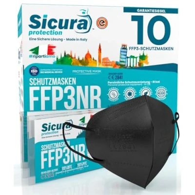 Abbildung von 10x CE zertifizierte FFP3 Masken Schwarz Made in Italy mit aufgedrucktem SICURA Logo PFE ≥99% BFE SANIFIZIERT und einzeln versiegelt